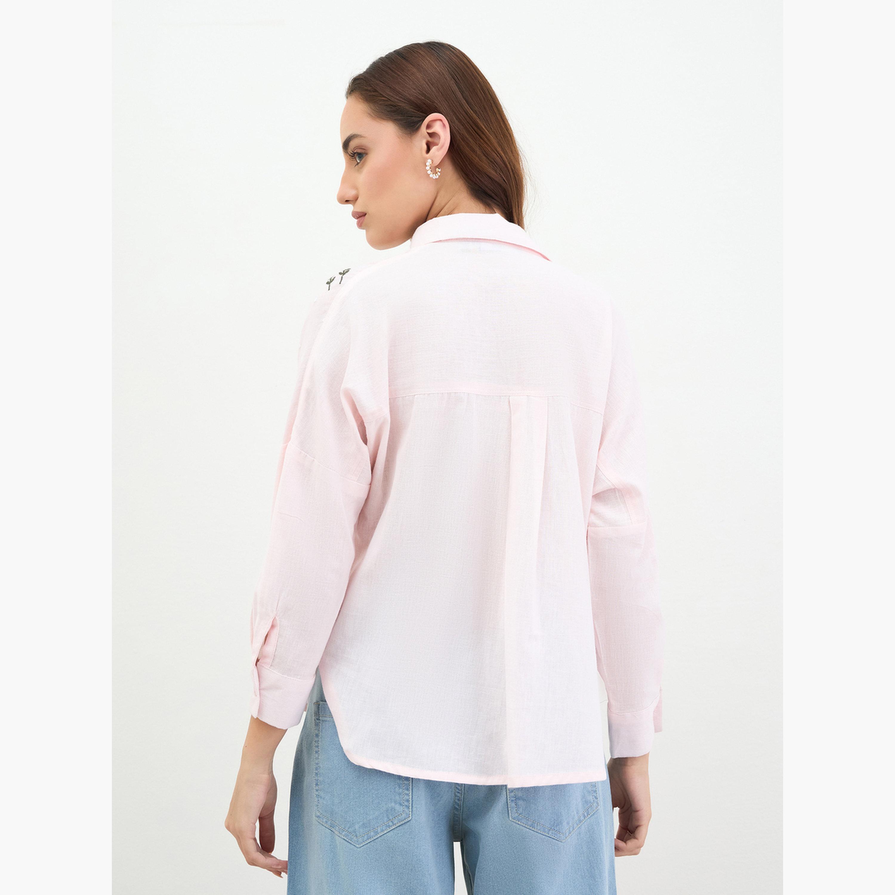 ستايلي - قميص قطني مطرز بأكمام طويلة لون وردي-women-clothing-shirtsandblouses-shirts-image-5