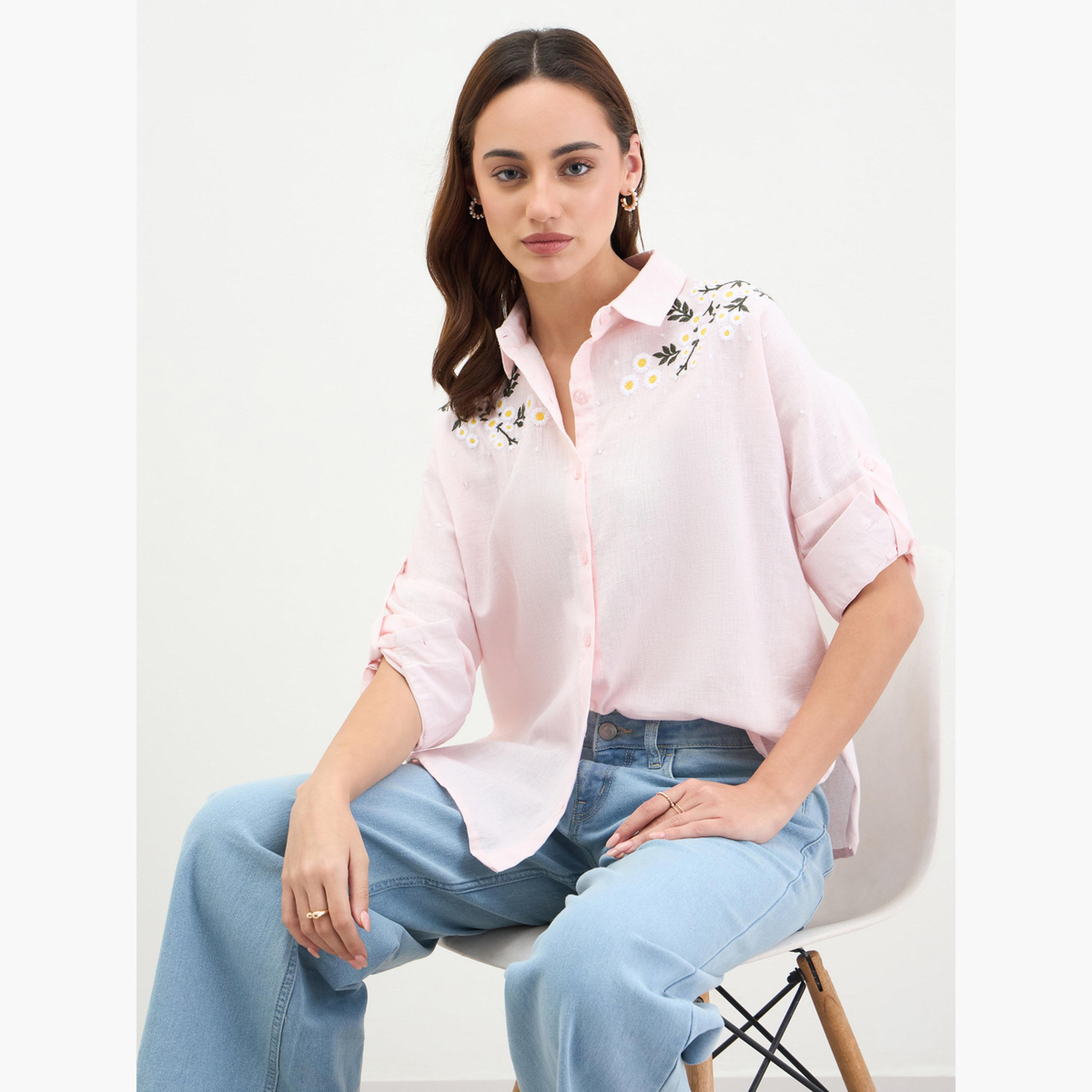 ستايلي - قميص قطني مطرز بأكمام طويلة لون وردي-women-clothing-shirtsandblouses-shirts-image-6