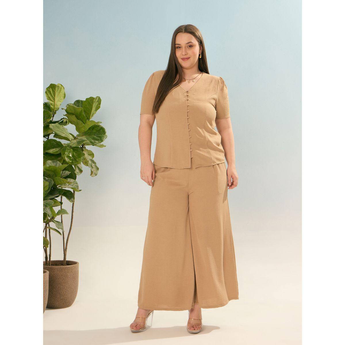 طقم منسق من بنطال وبلوزة سادة بمقاس كبير-women-clothing-dresses-image-7