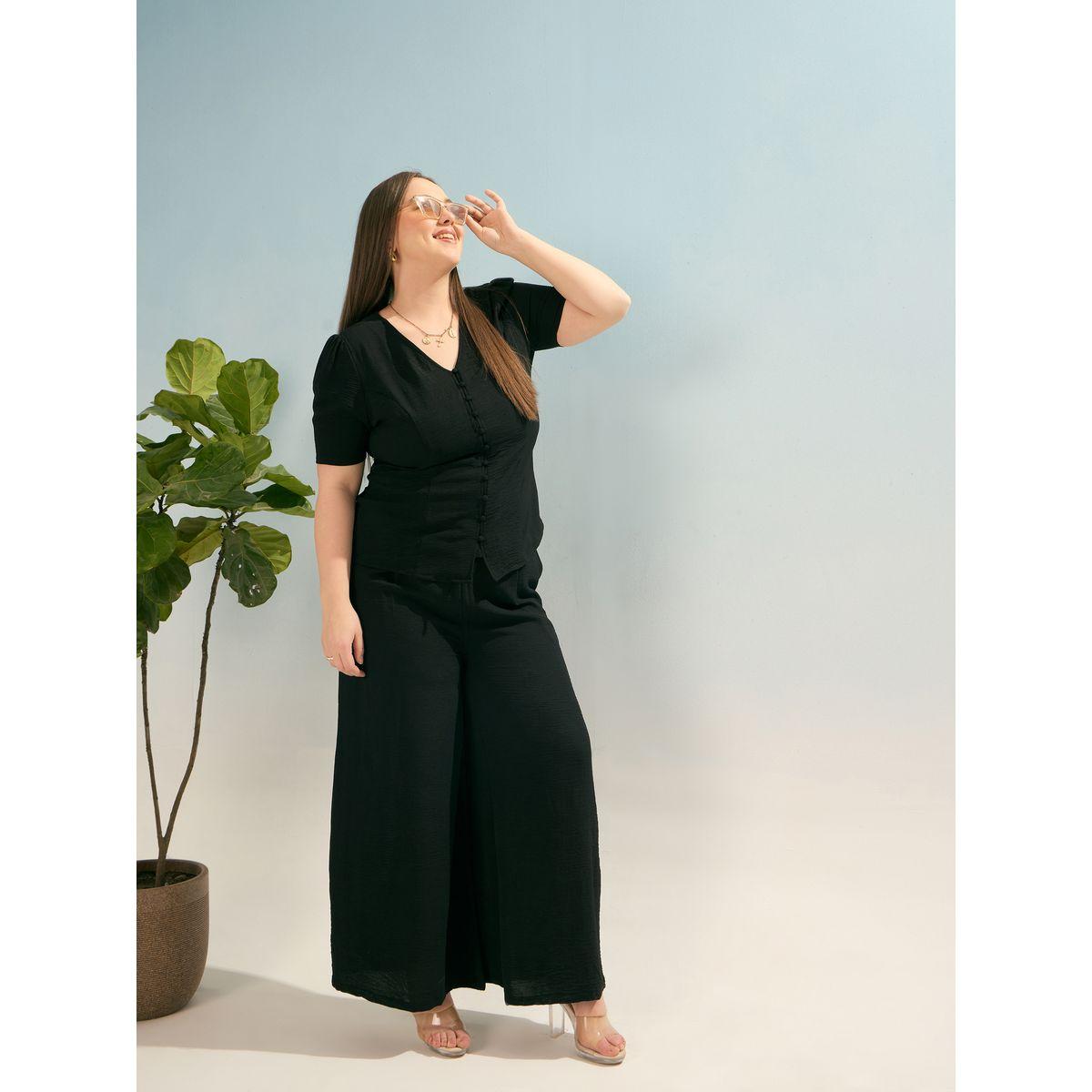 طقم منسق من بنطال وبلوزة سادة بمقاس كبير-women-clothing-dresses-image-1