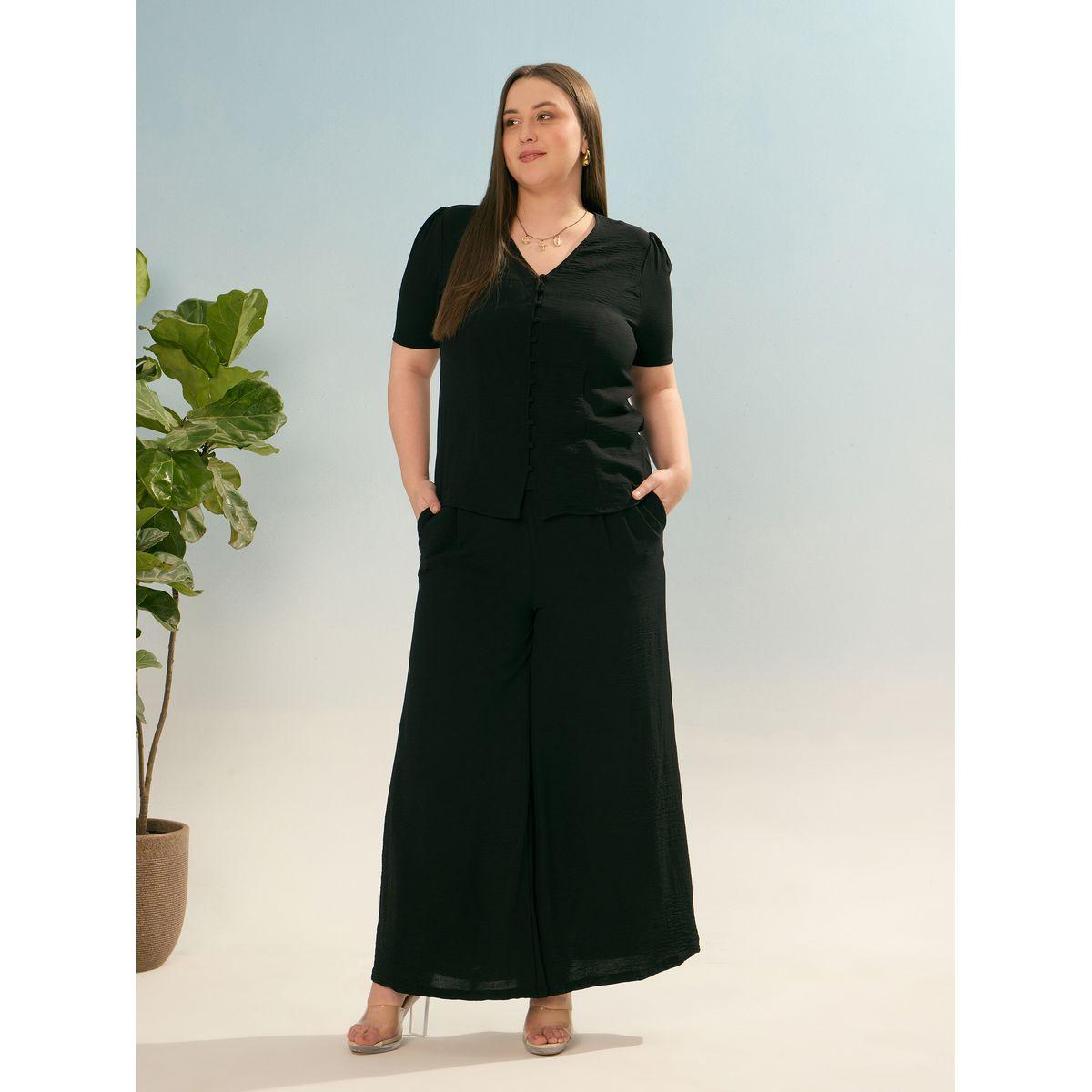 طقم منسق من بنطال وبلوزة سادة بمقاس كبير-women-clothing-dresses-image-7
