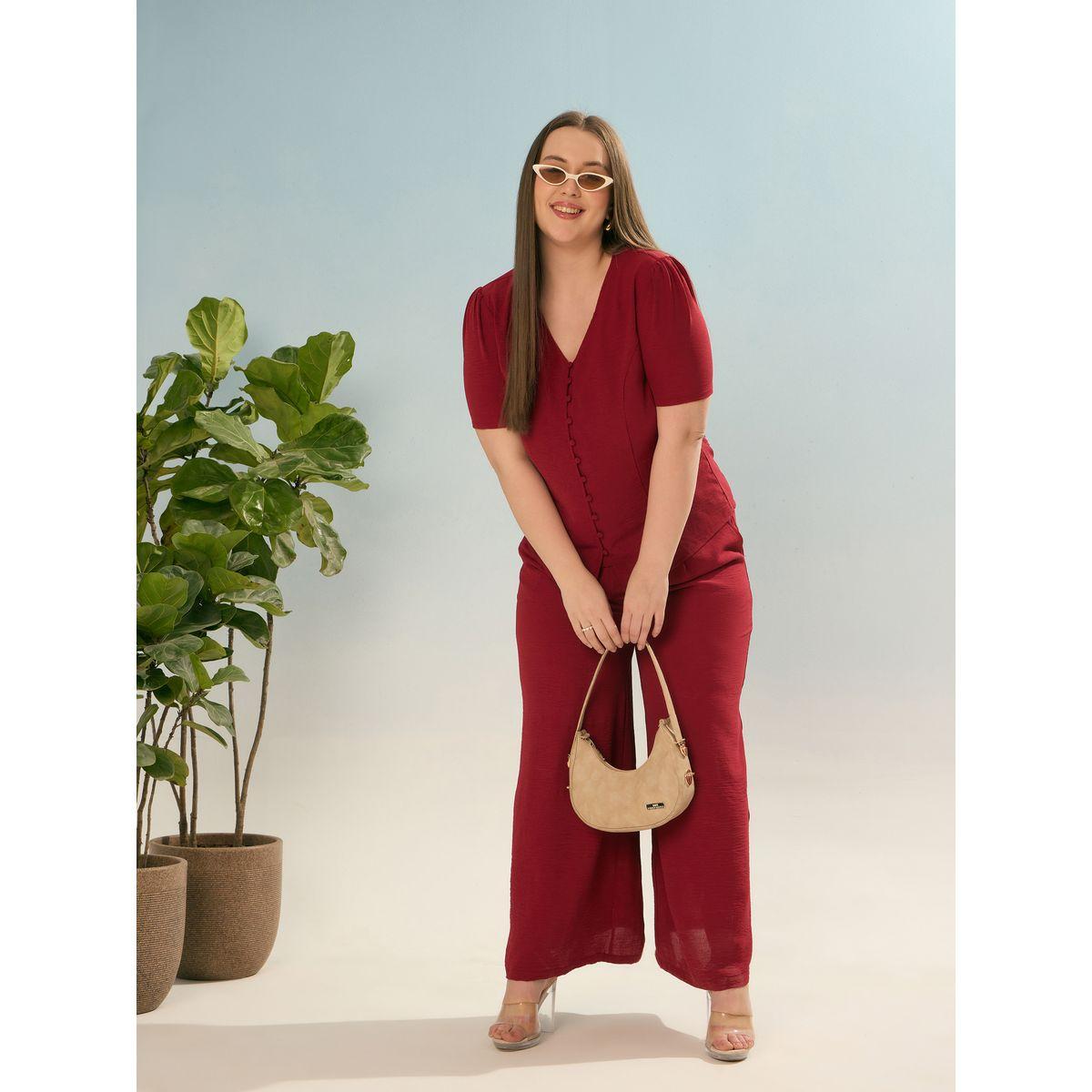 طقم منسق من بنطال وبلوزة سادة بمقاس كبير-women-clothing-dresses-image-6