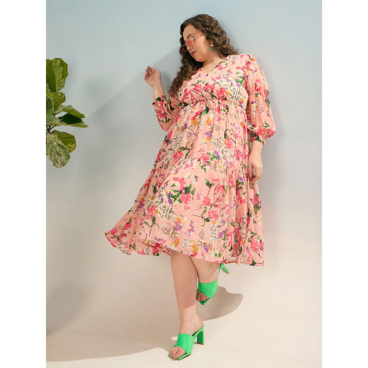 فستان ميدي بمقاس كبير بطبعة زهور-women-clothing-dresses-image-1