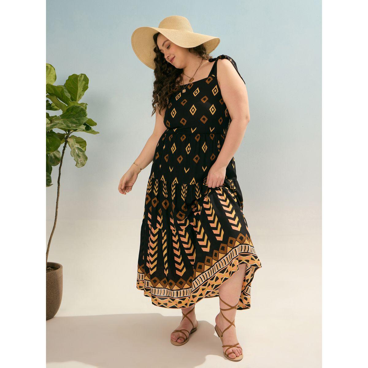 Sassafras Plus Black Geometric Tie Up Tiered Maxi Dress-women-clothing-dresses-image-1
