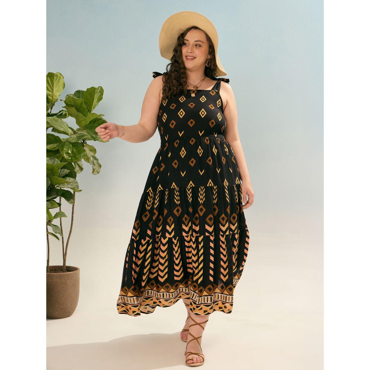 Sassafras Plus Black Geometric Tie Up Tiered Maxi Dress-women-clothing-dresses-image-2