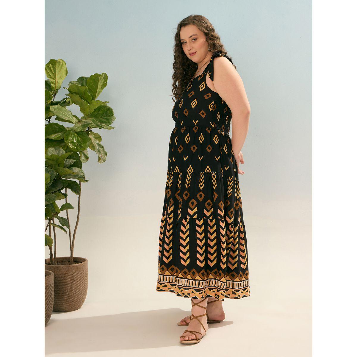 Sassafras Plus Black Geometric Tie Up Tiered Maxi Dress-women-clothing-dresses-image-3
