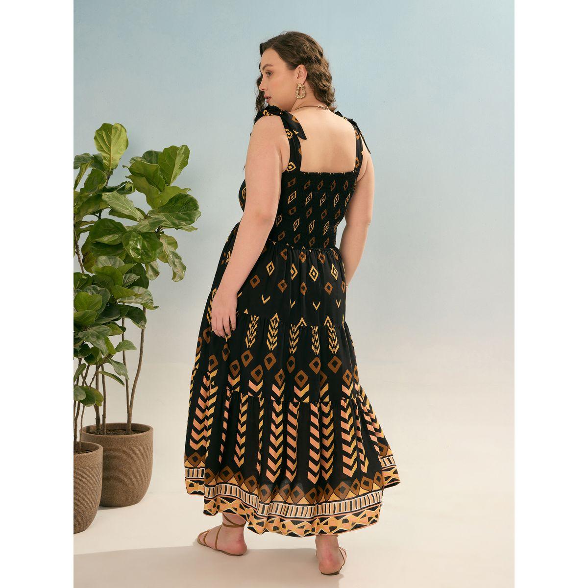 Sassafras Plus Black Geometric Tie Up Tiered Maxi Dress-women-clothing-dresses-image-5