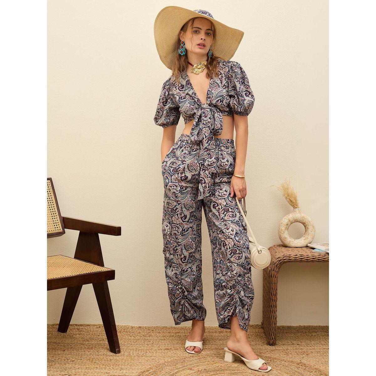 Sassafras Paisley Print Tie-Front Crop Top and Trousers Co-Ords-women-clothing-coordsets-image-1