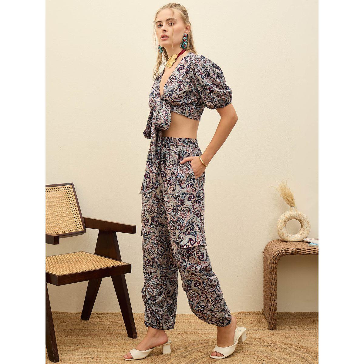 Sassafras Paisley Print Tie-Front Crop Top and Trousers Co-Ords-women-clothing-coordsets-image-3