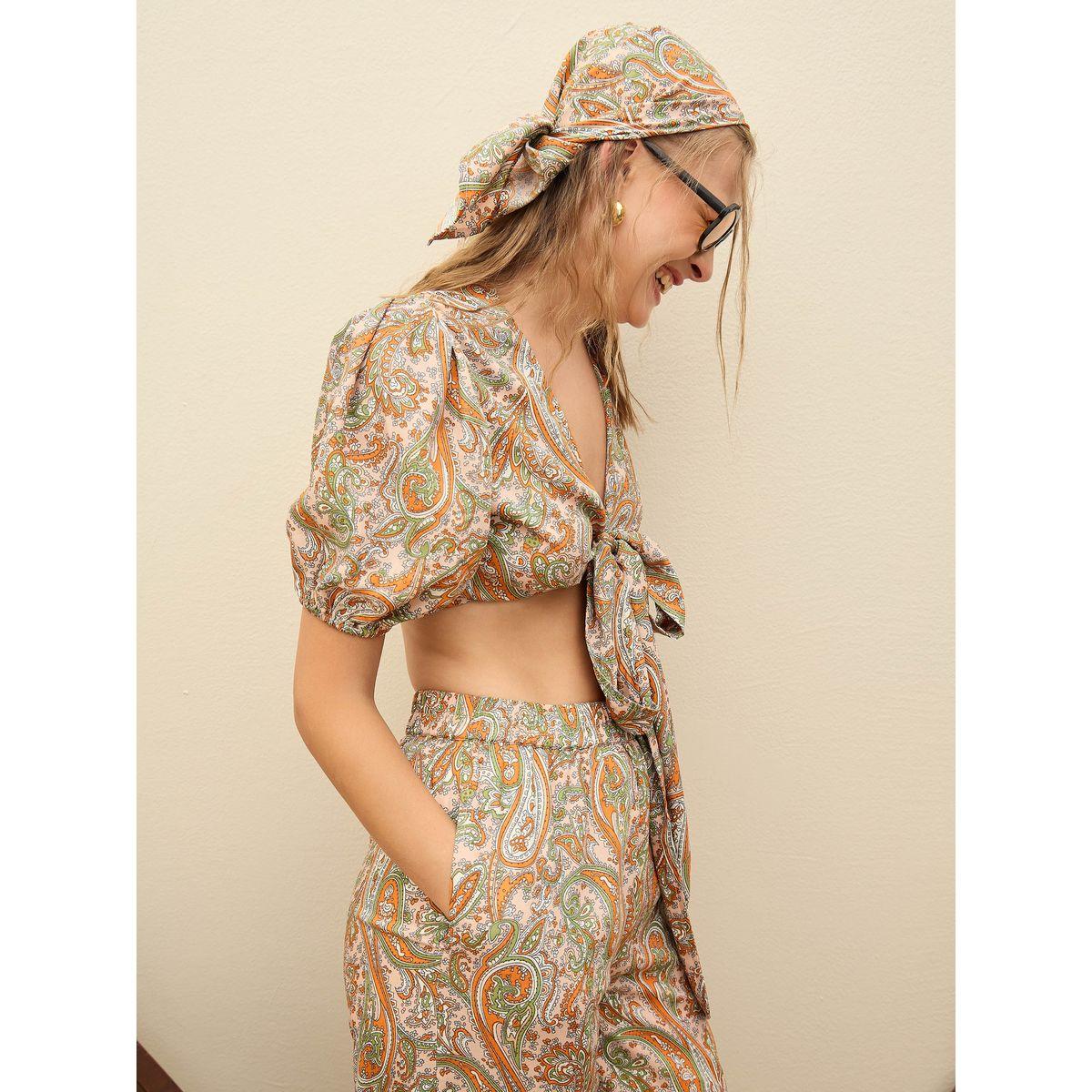 Sassafras Paisley Print Tie-Front Crop Top and Trousers Co-Ords-women-clothing-coordsets-image-2