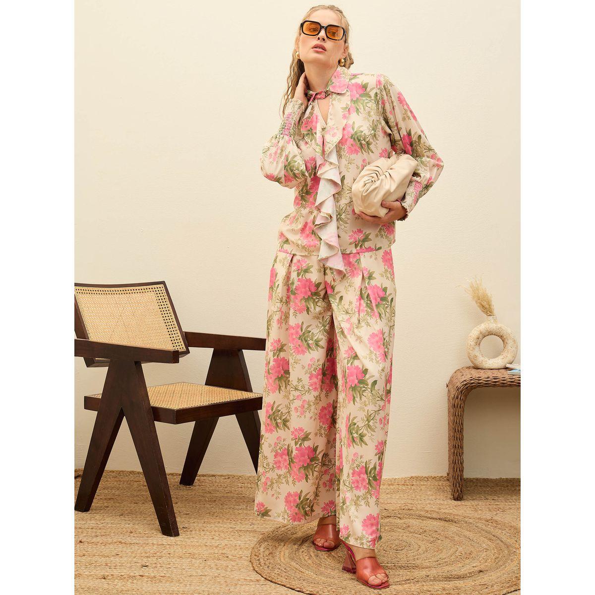 Sassafras Beige Ruffled Floral Top and Wide Leg Pants Co-Ords-women-clothing-coordsets-image-1