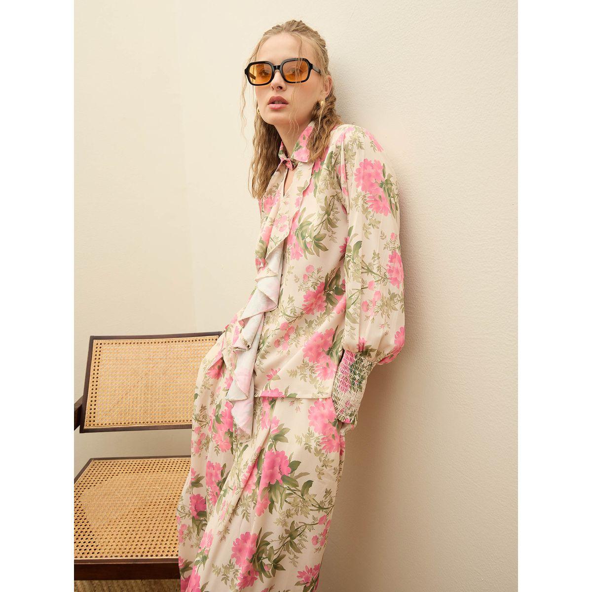طقم منسق من بنطال بقصة أرجل واسعة وبلوزة بطبعة زهور-women-clothing-coordsets-image-2