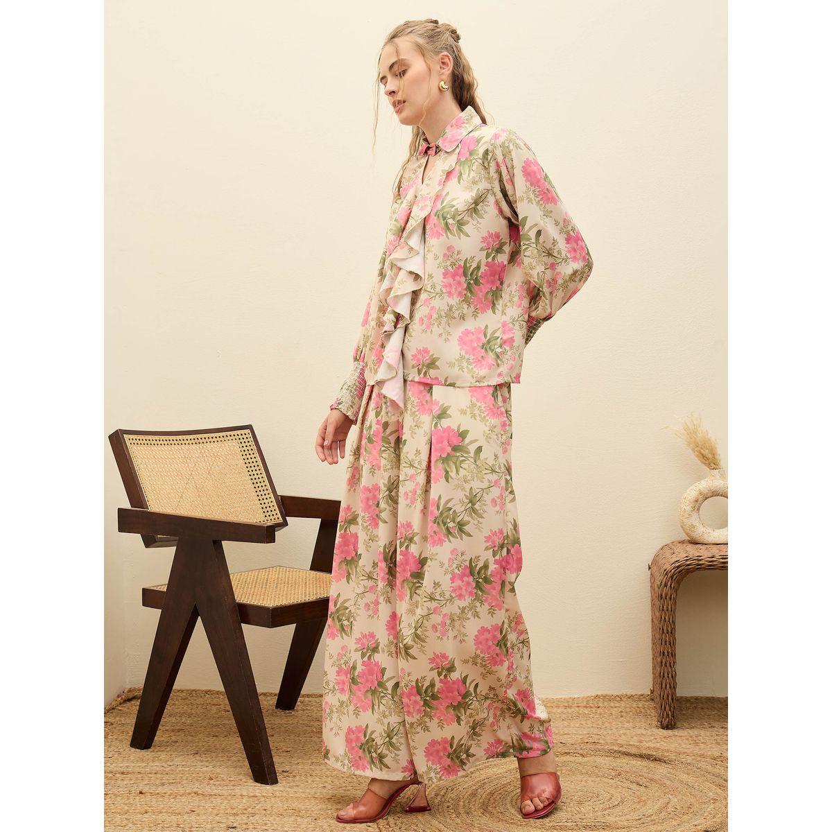 Sassafras Beige Ruffled Floral Top and Wide Leg Pants Co-Ords-women-clothing-coordsets-image-3