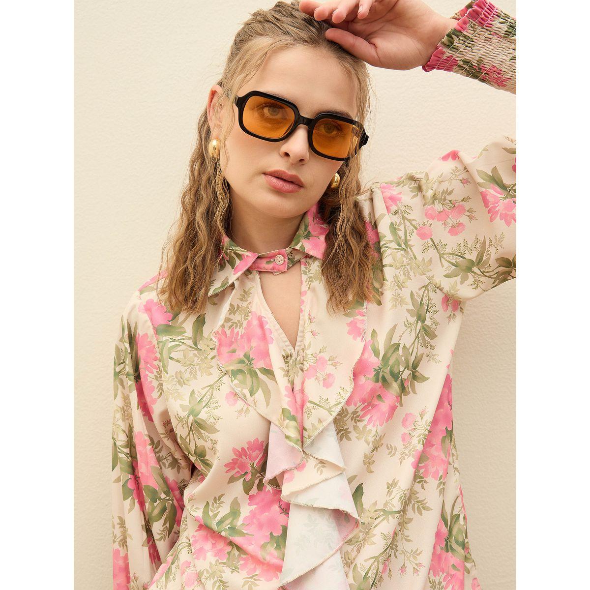 Sassafras Beige Ruffled Floral Top and Wide Leg Pants Co-Ords-women-clothing-coordsets-image-4