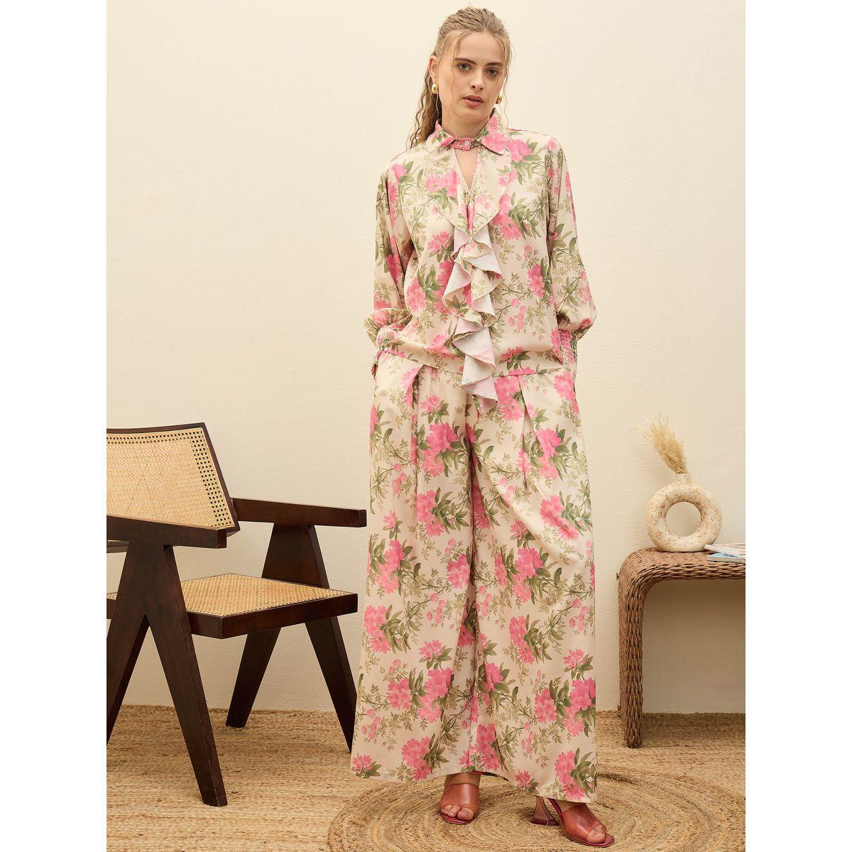 Sassafras Beige Ruffled Floral Top and Wide Leg Pants Co-Ords-women-clothing-coordsets-image-5