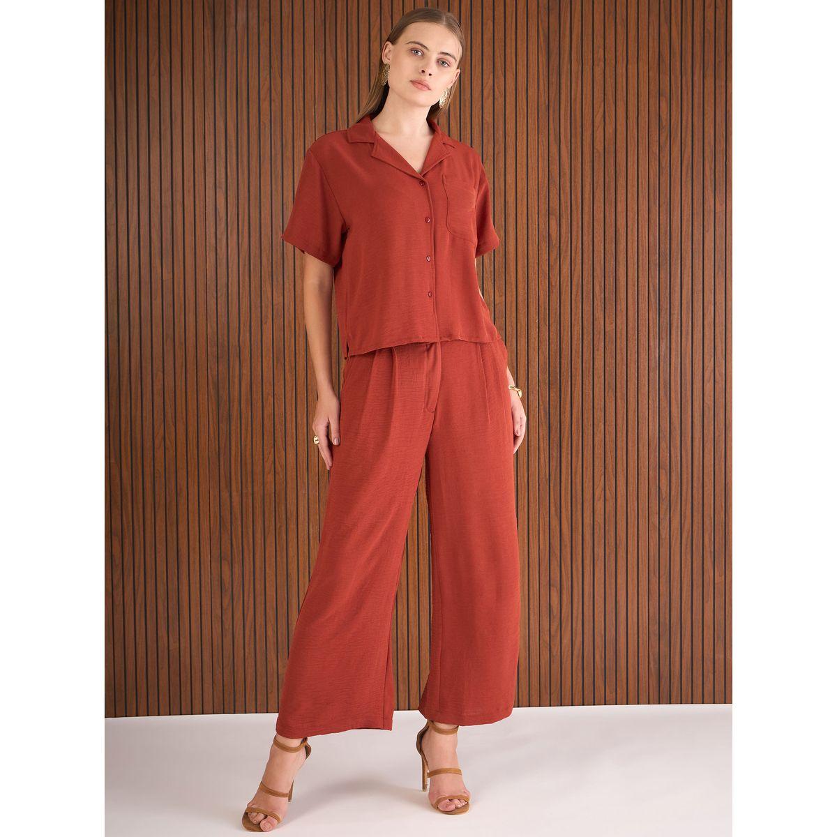 Sassafras Rust Notch Lapel Collar Shirt and Straight Pants Co-Ords-women-clothing-coordsets-image-1