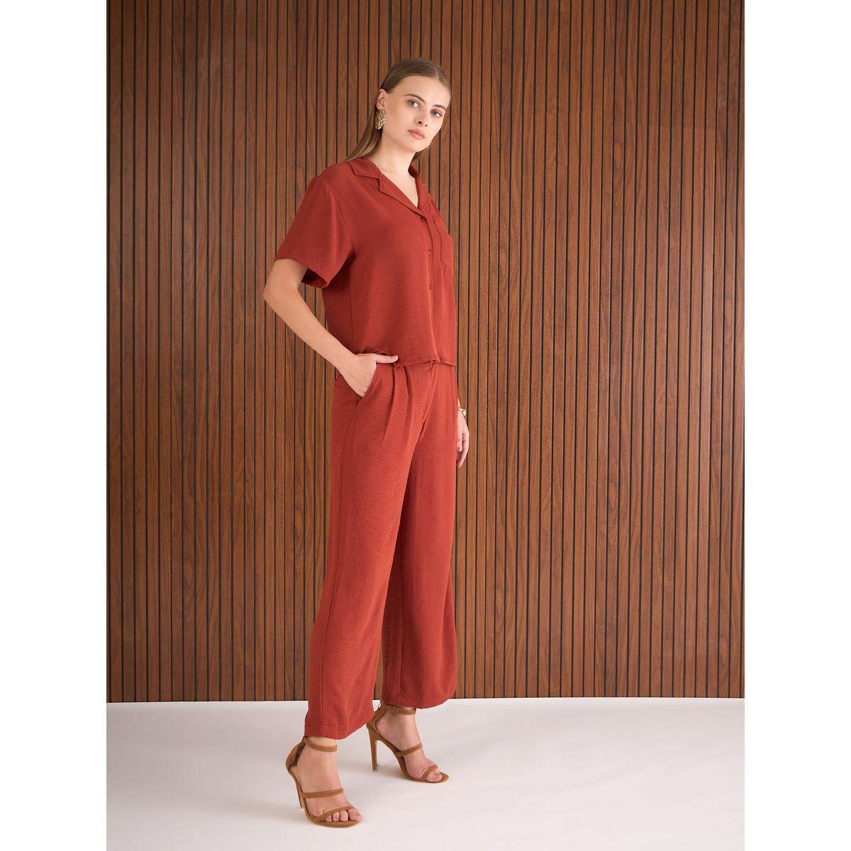 Sassafras Rust Notch Lapel Collar Shirt and Straight Pants Co-Ords-women-clothing-coordsets-image-3