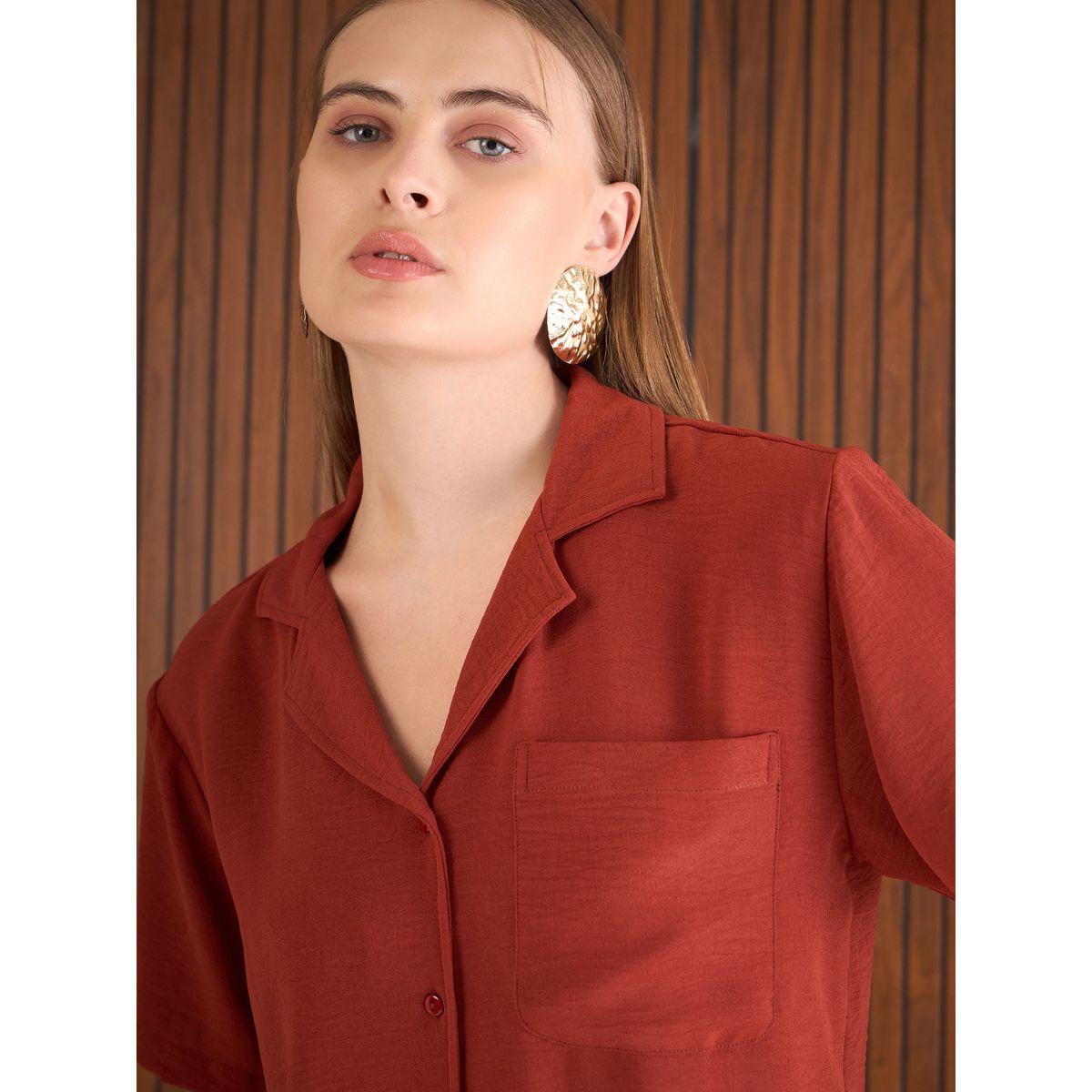 Sassafras Rust Notch Lapel Collar Shirt and Straight Pants Co-Ords-women-clothing-coordsets-image-4