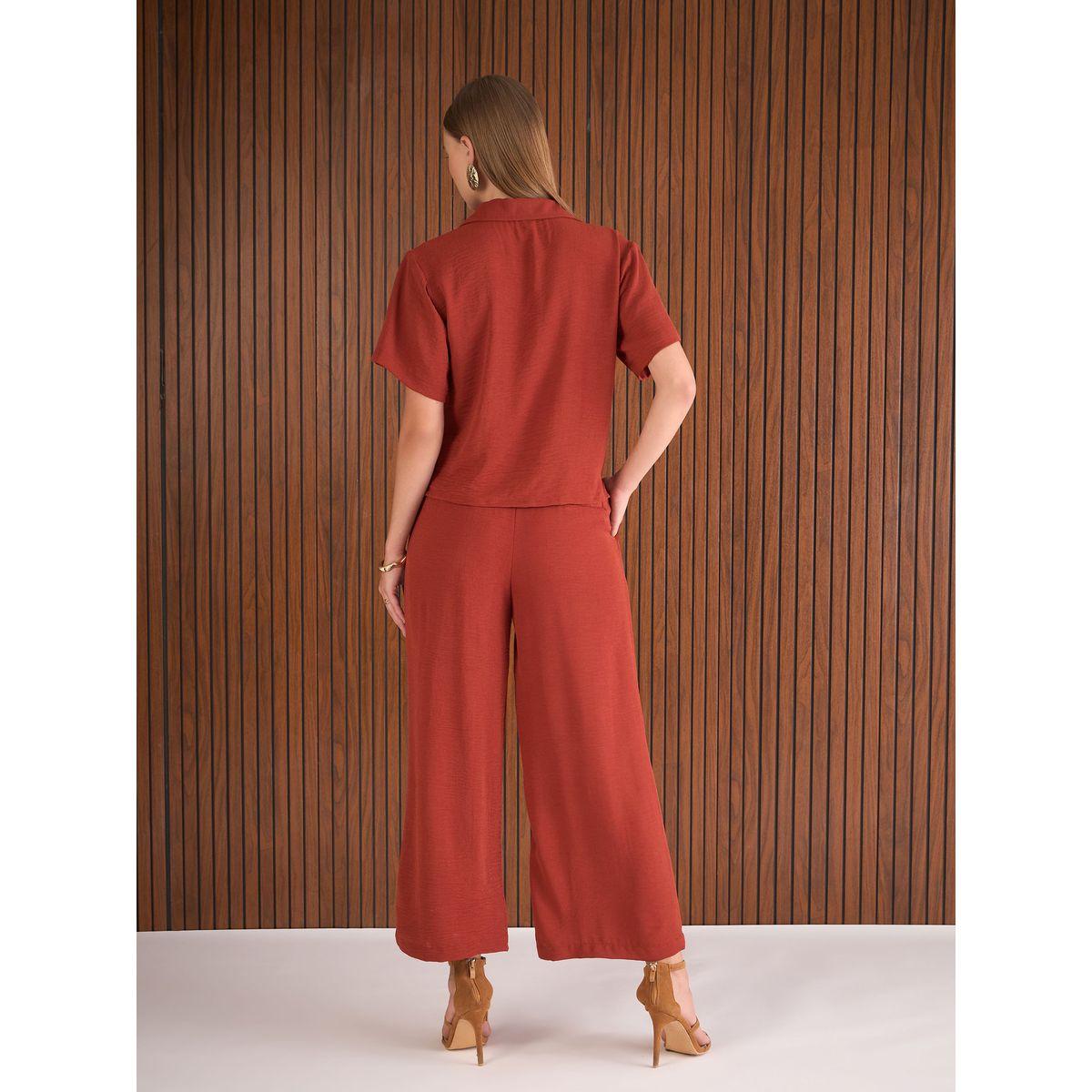 Sassafras Rust Notch Lapel Collar Shirt and Straight Pants Co-Ords-women-clothing-coordsets-image-6