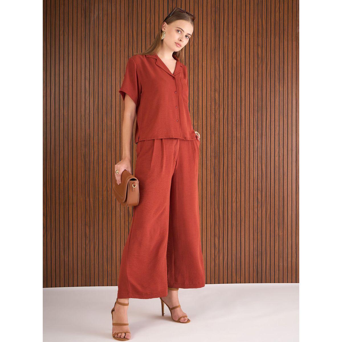 Sassafras Rust Notch Lapel Collar Shirt and Straight Pants Co-Ords-women-clothing-coordsets-image-8