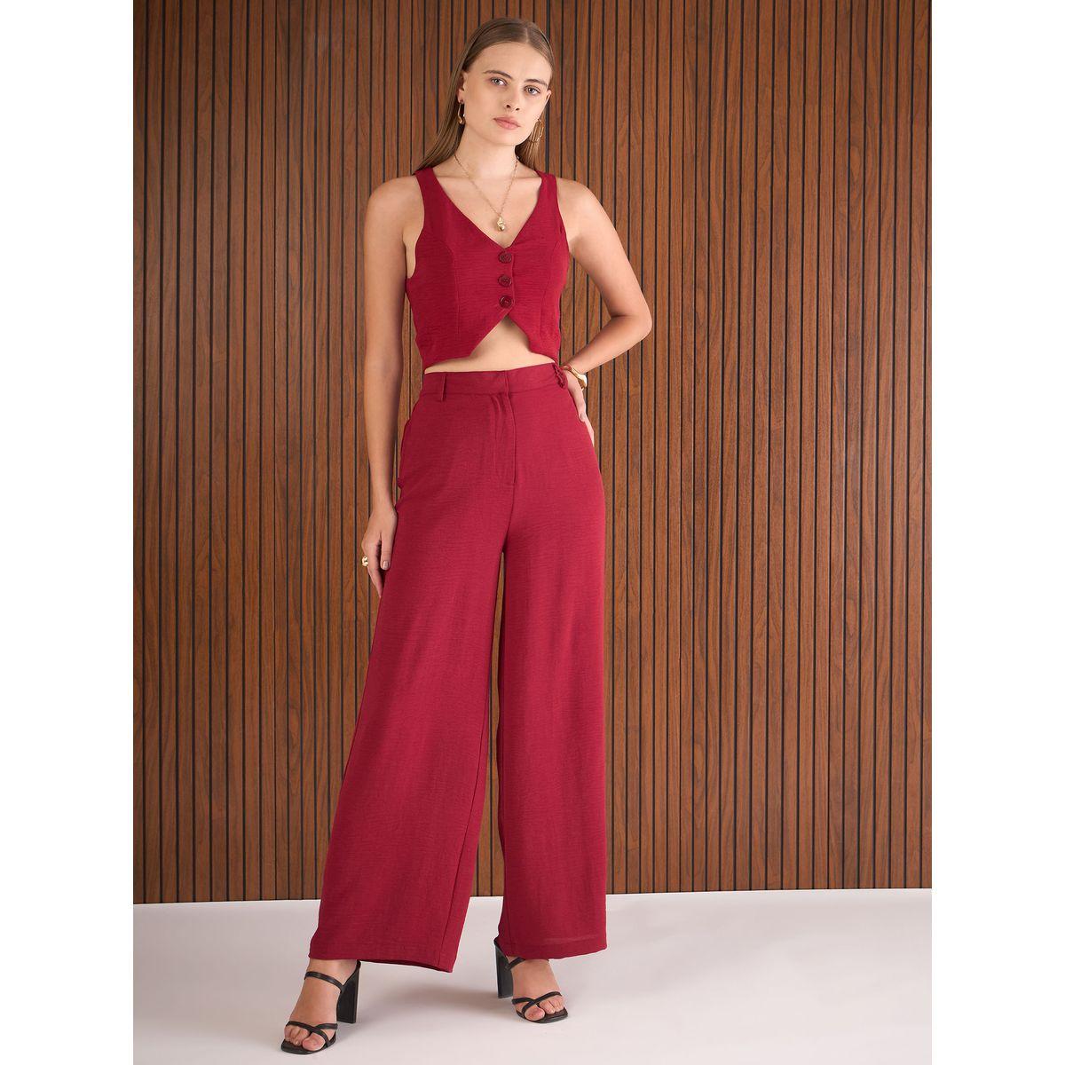 Sassafras Maroon Crop Waistcoat and Straight Pants Co-Ords-women-clothing-coordsets-image-1