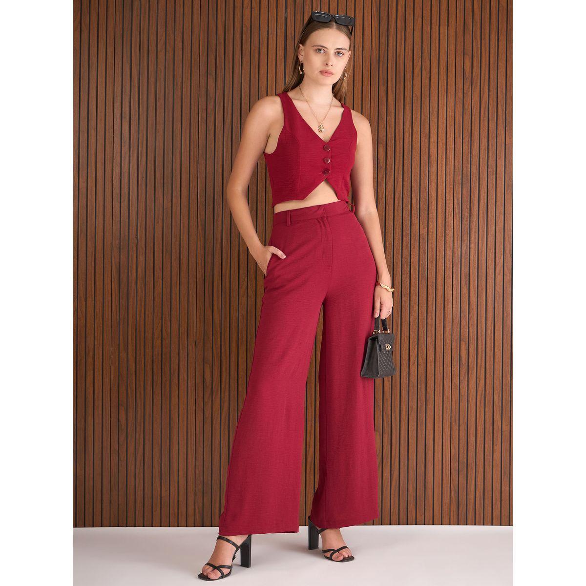 Sassafras Maroon Crop Waistcoat and Straight Pants Co-Ords-women-clothing-coordsets-image-2