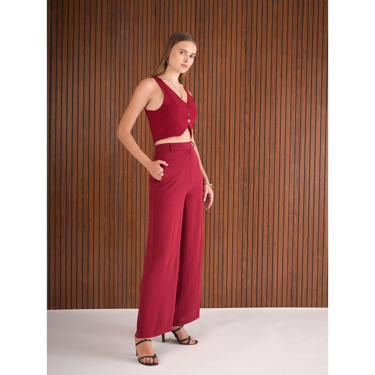 Sassafras Maroon Crop Waistcoat and Straight Pants Co-Ords-women-clothing-coordsets-image-3