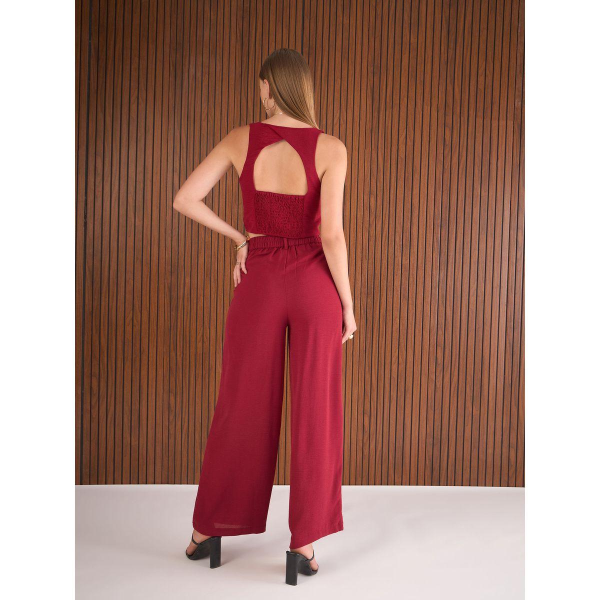 Sassafras Maroon Crop Waistcoat and Straight Pants Co-Ords-women-clothing-coordsets-image-6
