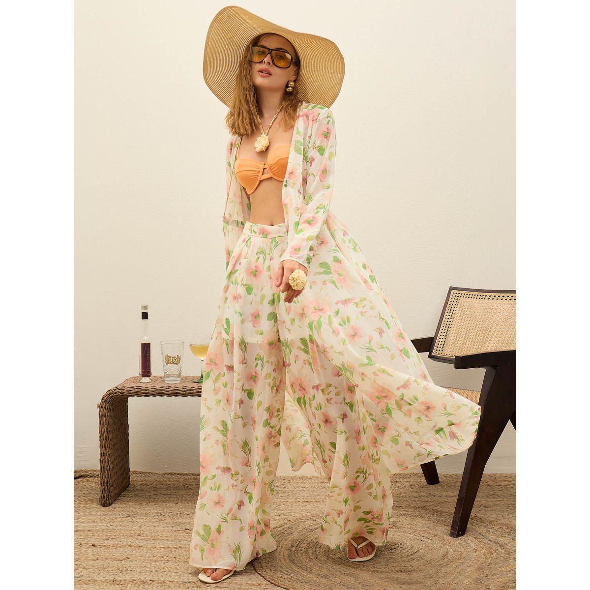 Sassafras White Floral Long Top and Wide Leg Pants Co-Ords-women-clothing-coordsets-image-1