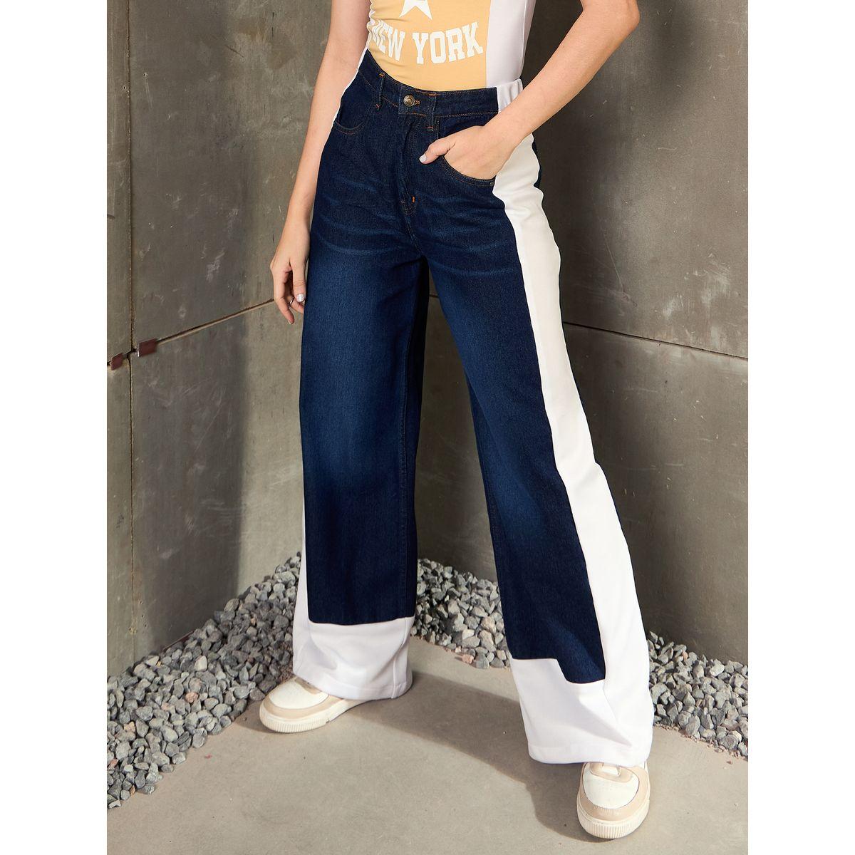 بنطال جينز بقصة أرجل واسعة بنمط كُتل الألوان-women-clothing-bottoms-jeans-image-1