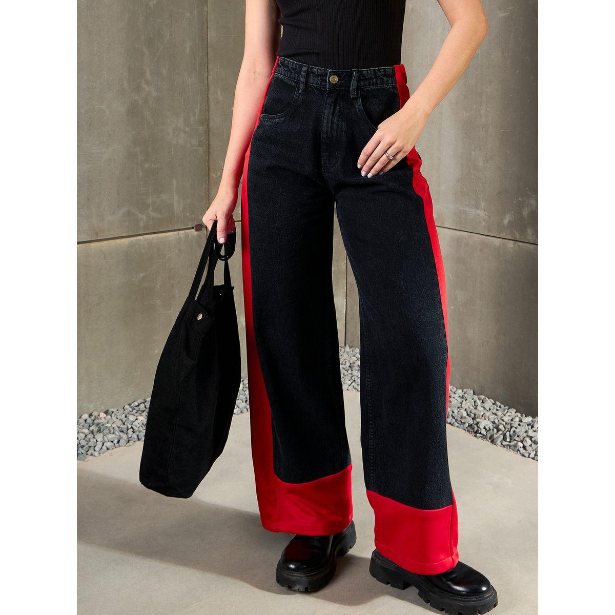بنطال جينز بقصة أرجل واسعة بنمط كُتل الألوان-women-clothing-bottoms-jeans-image-1
