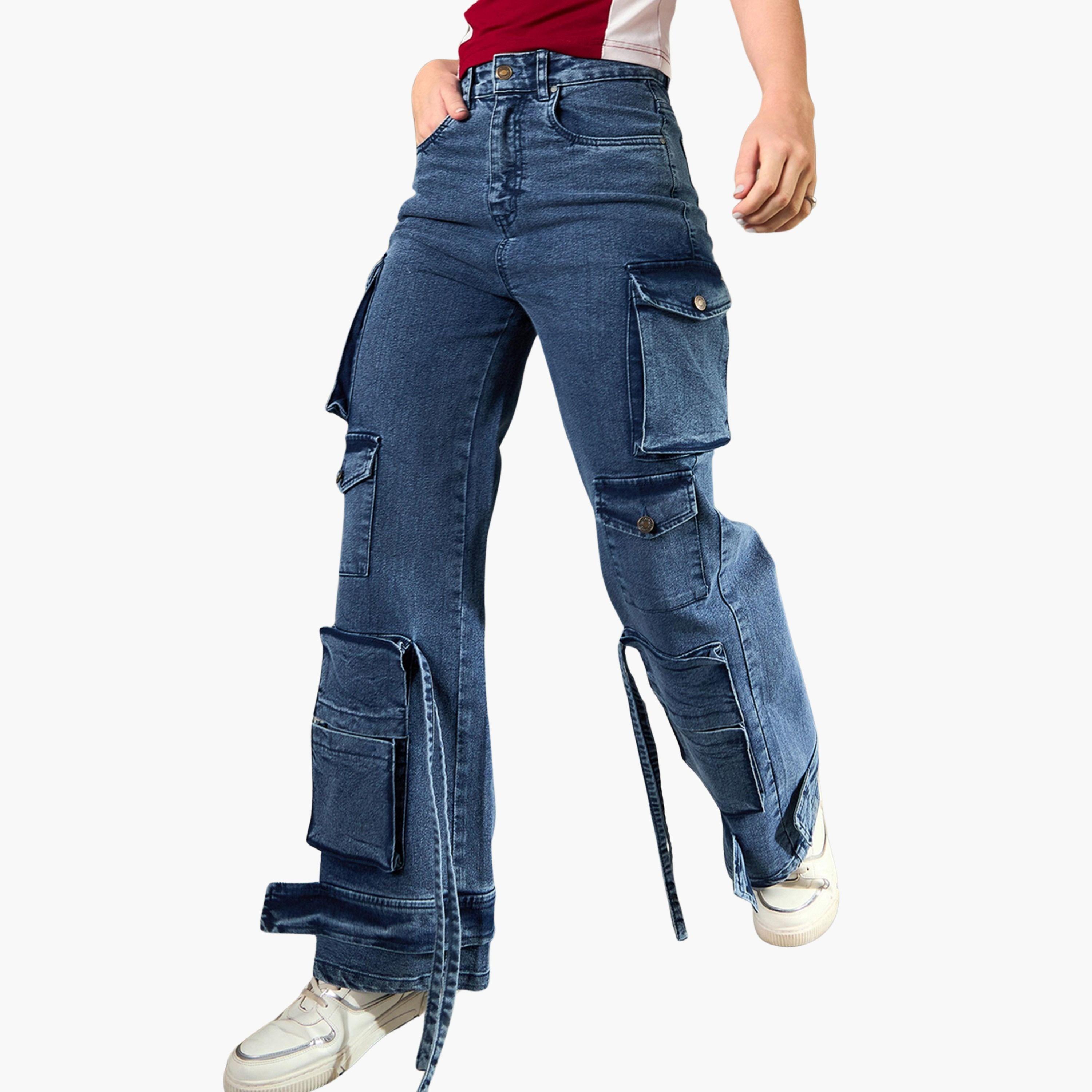 ساسافراس - بنطال جينز كارغو متعدد الجيوب لون أزرق-women-clothing-bottoms-jeans-image-1