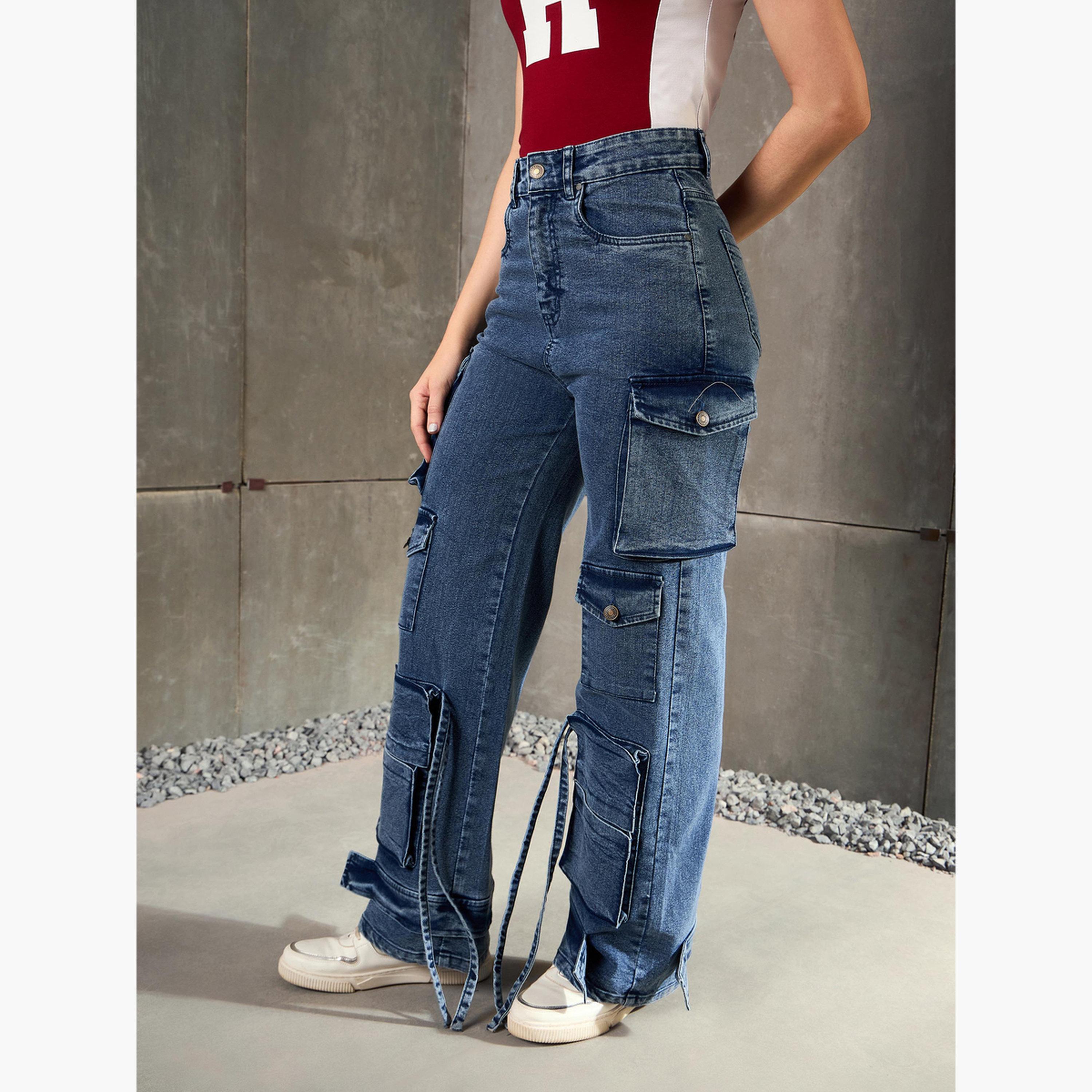 ساسافراس - بنطال جينز كارغو متعدد الجيوب لون أزرق-women-clothing-bottoms-jeans-image-3