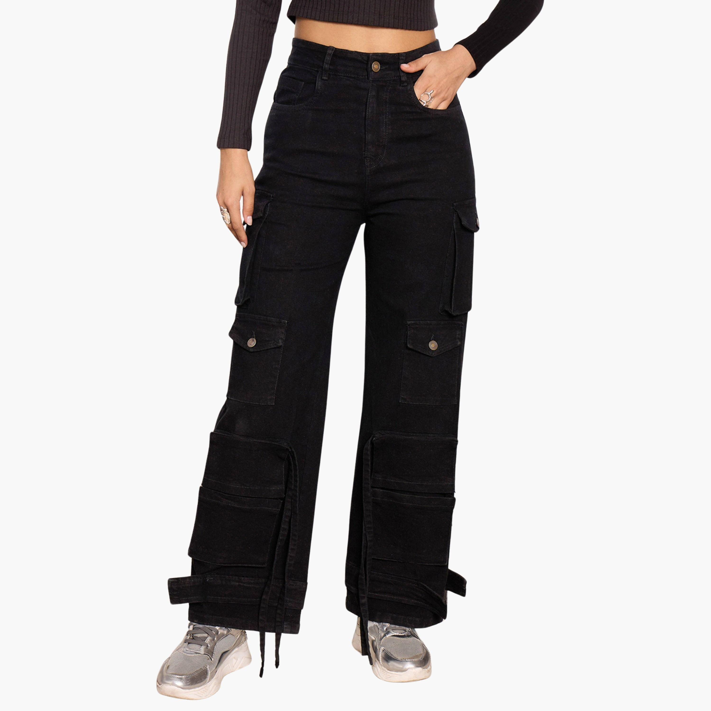 ساسافراس - بنطال جينز كارغو متعدد الجيوب لون أسود-women-clothing-bottoms-jeans-image-1