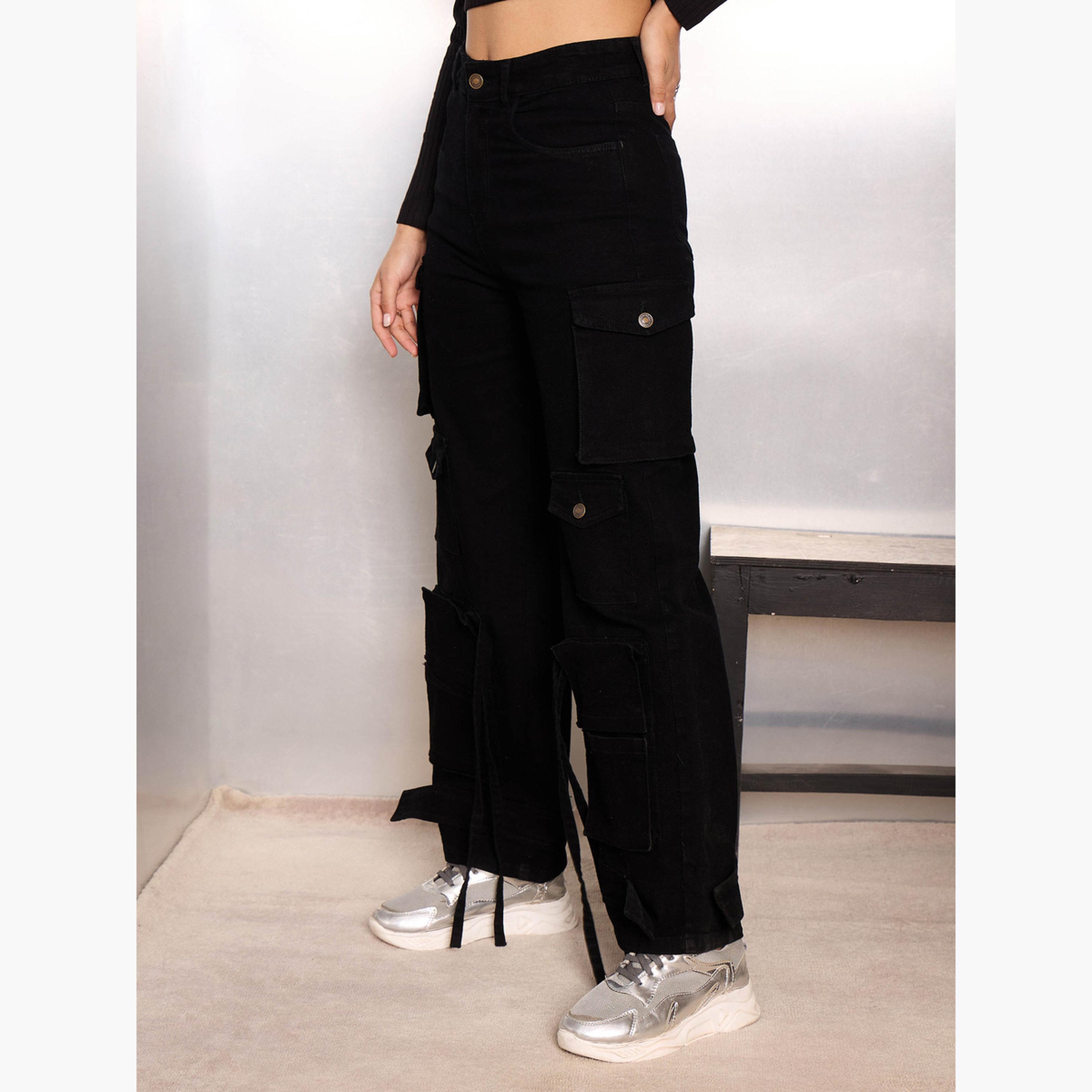 ساسافراس - بنطال جينز كارغو متعدد الجيوب لون أسود-women-clothing-bottoms-jeans-image-3