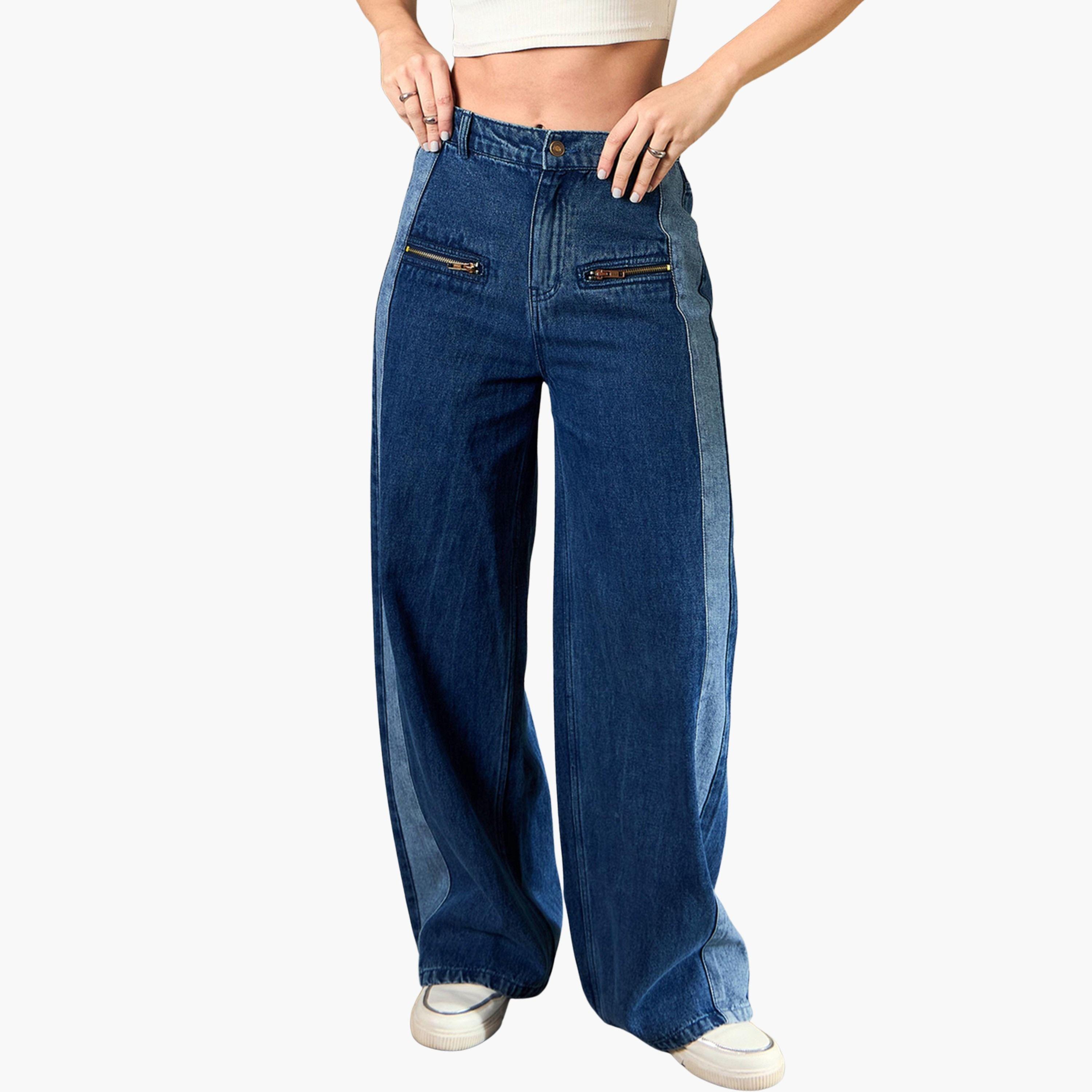 Sassafras Women Navy Blue High Rise Zipper Detail Wide Leg Jeans-women-clothing-bottoms-jeans-image-1