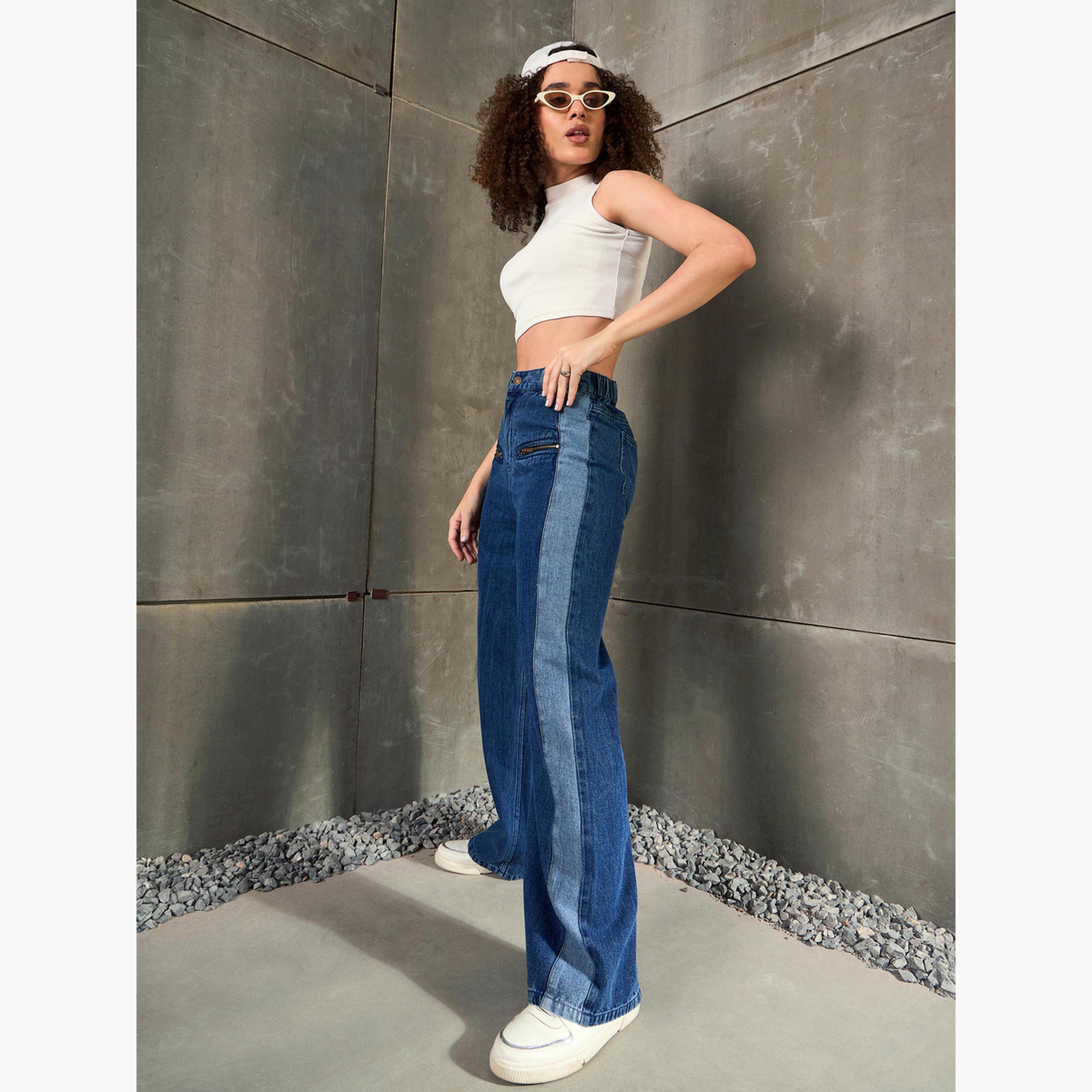 ساسافراس - بنطال جينز أزرق داكن بخصر عالٍ وسحّاب وساق واسعة-women-clothing-bottoms-jeans-image-2