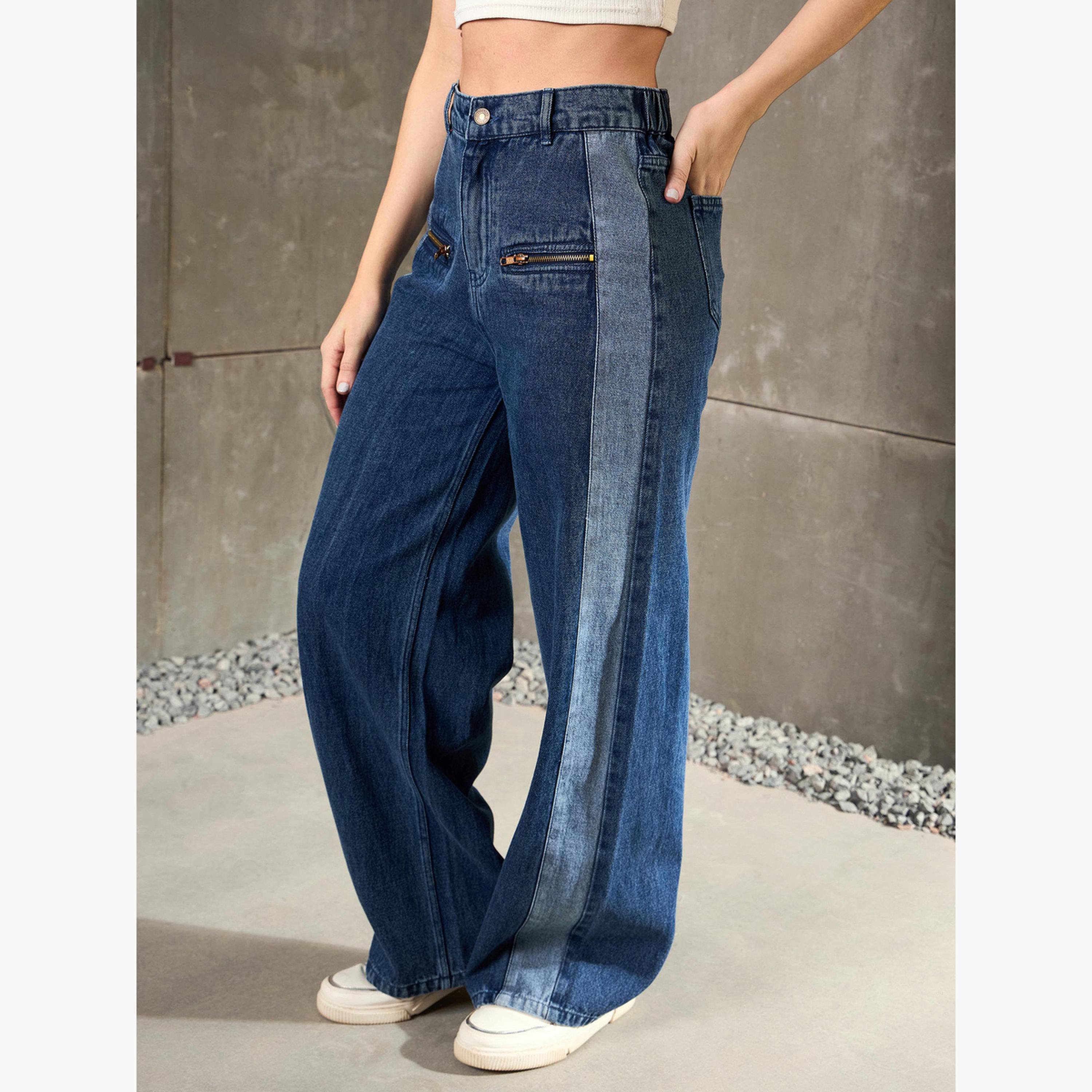 Sassafras Women Navy Blue High Rise Zipper Detail Wide Leg Jeans-women-clothing-bottoms-jeans-image-3