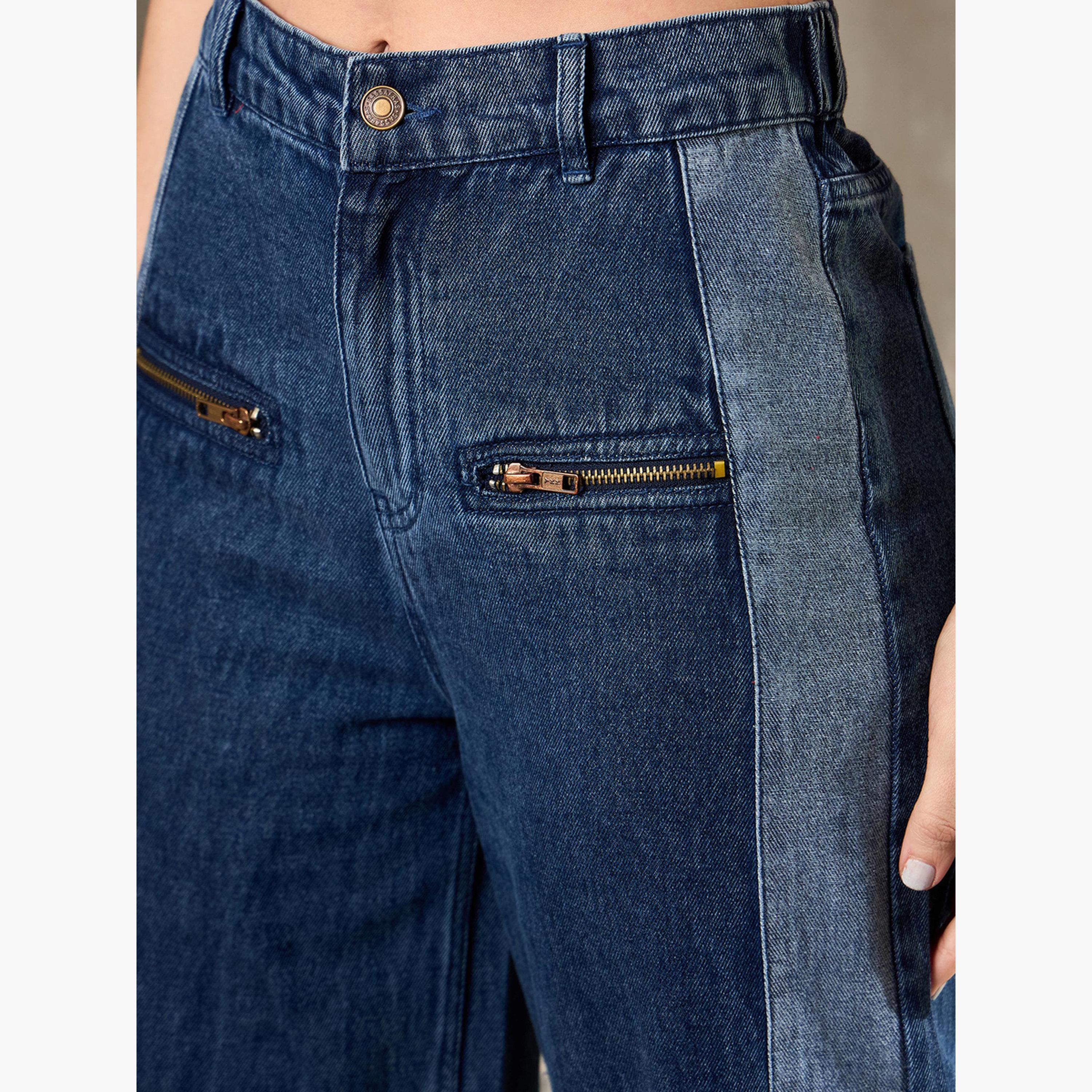 ساسافراس - بنطال جينز أزرق داكن بخصر عالٍ وسحّاب وساق واسعة-women-clothing-bottoms-jeans-image-4