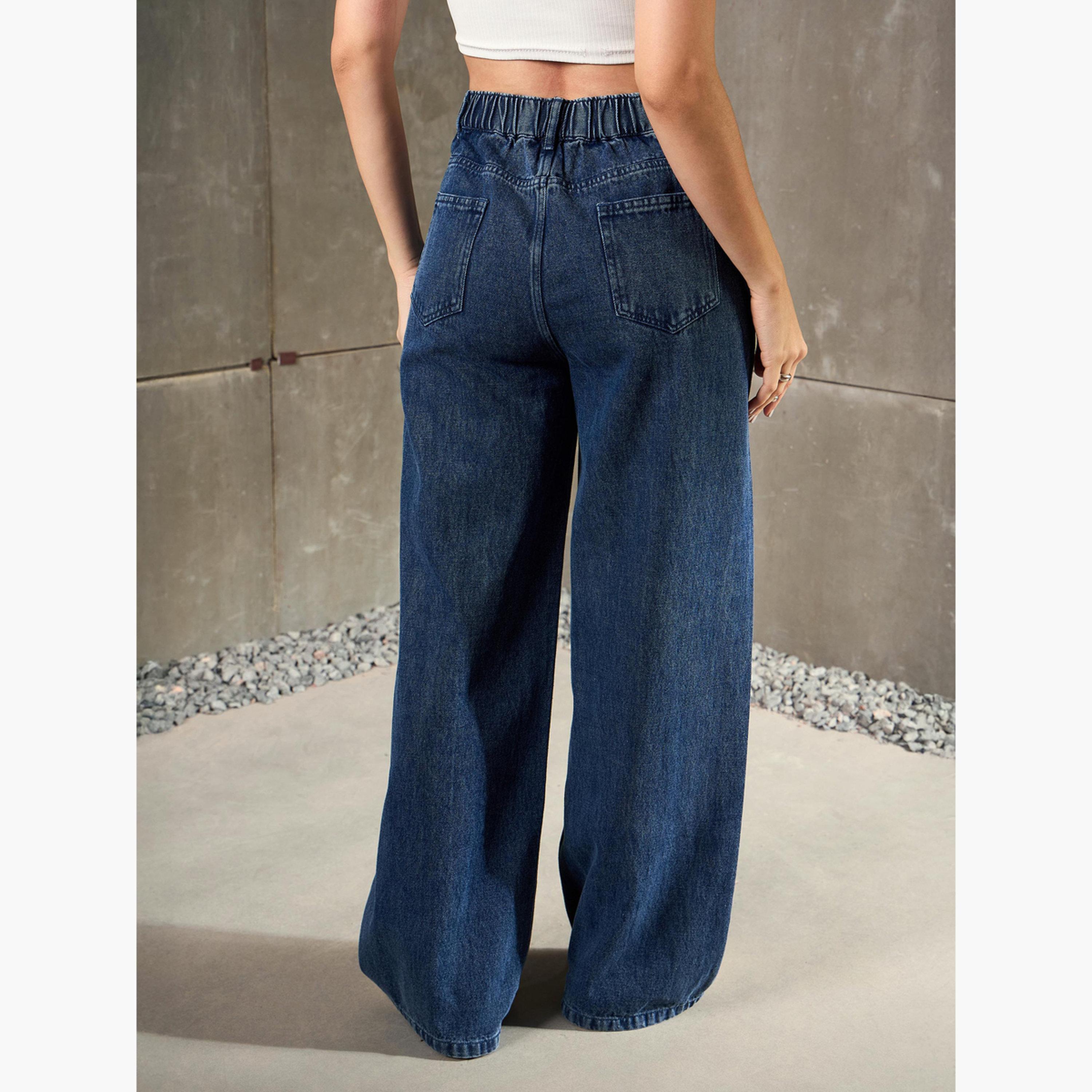 ساسافراس - بنطال جينز أزرق داكن بخصر عالٍ وسحّاب وساق واسعة-women-clothing-bottoms-jeans-image-5