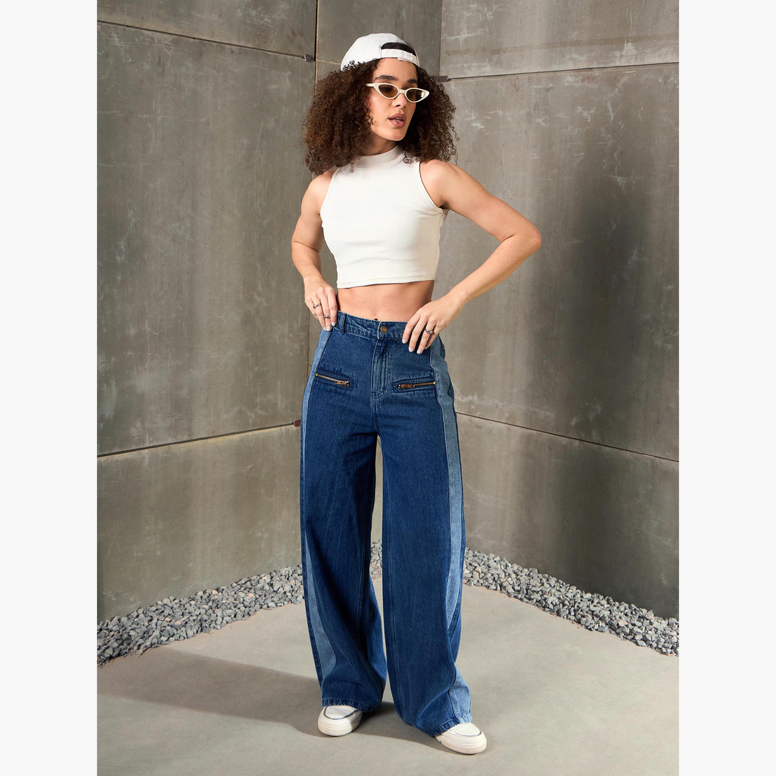 ساسافراس - بنطال جينز أزرق داكن بخصر عالٍ وسحّاب وساق واسعة-women-clothing-bottoms-jeans-image-6