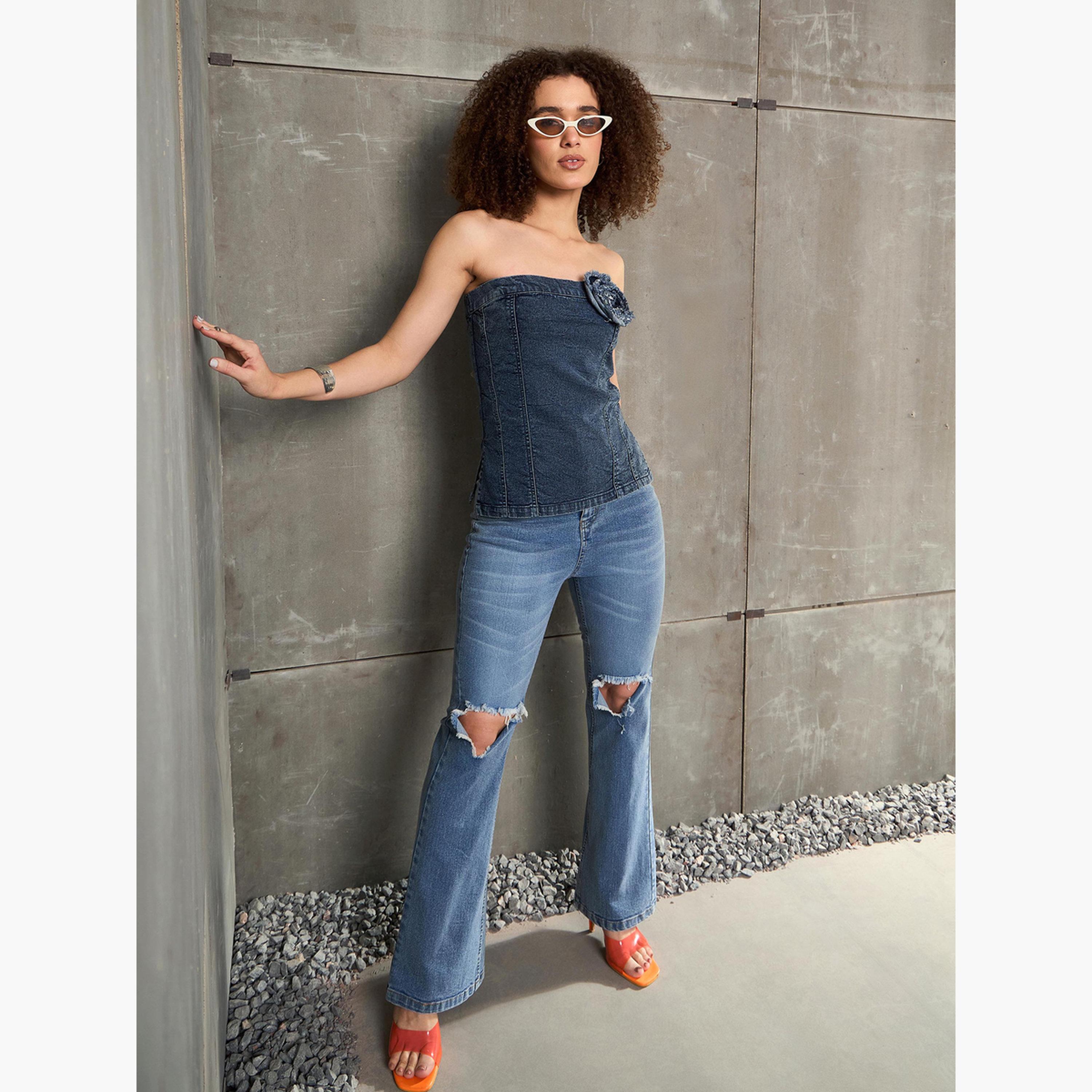 ساسافراس - بنطال جينز أزرق بقصّة عند الركبة وأسفل الجرس-women-clothing-bottoms-jeans-image-2