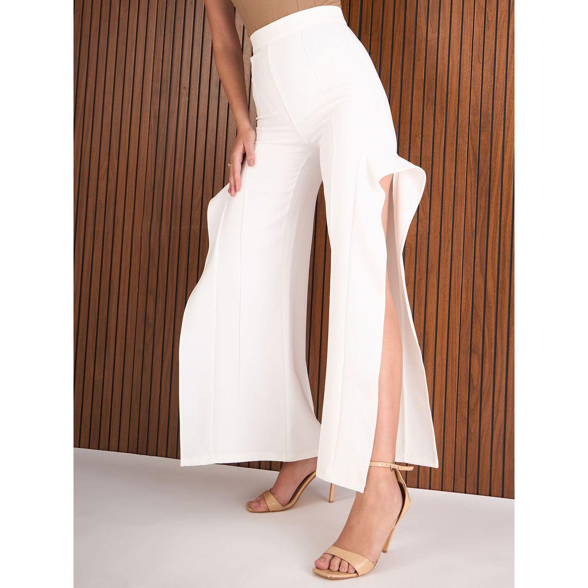 Sassafras Women White Frill Split-Hem Trousers-women-clothing-bottoms-trousers-image-1