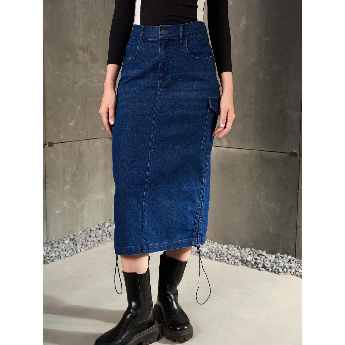 Sassafras Women Blue Side Ruching Detail Denim Pencil Skirt-women-clothing-bottoms-skirts-image-1