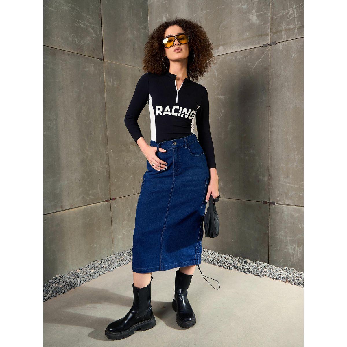 Sassafras Women Blue Side Ruching Detail Denim Pencil Skirt-women-clothing-bottoms-skirts-image-2