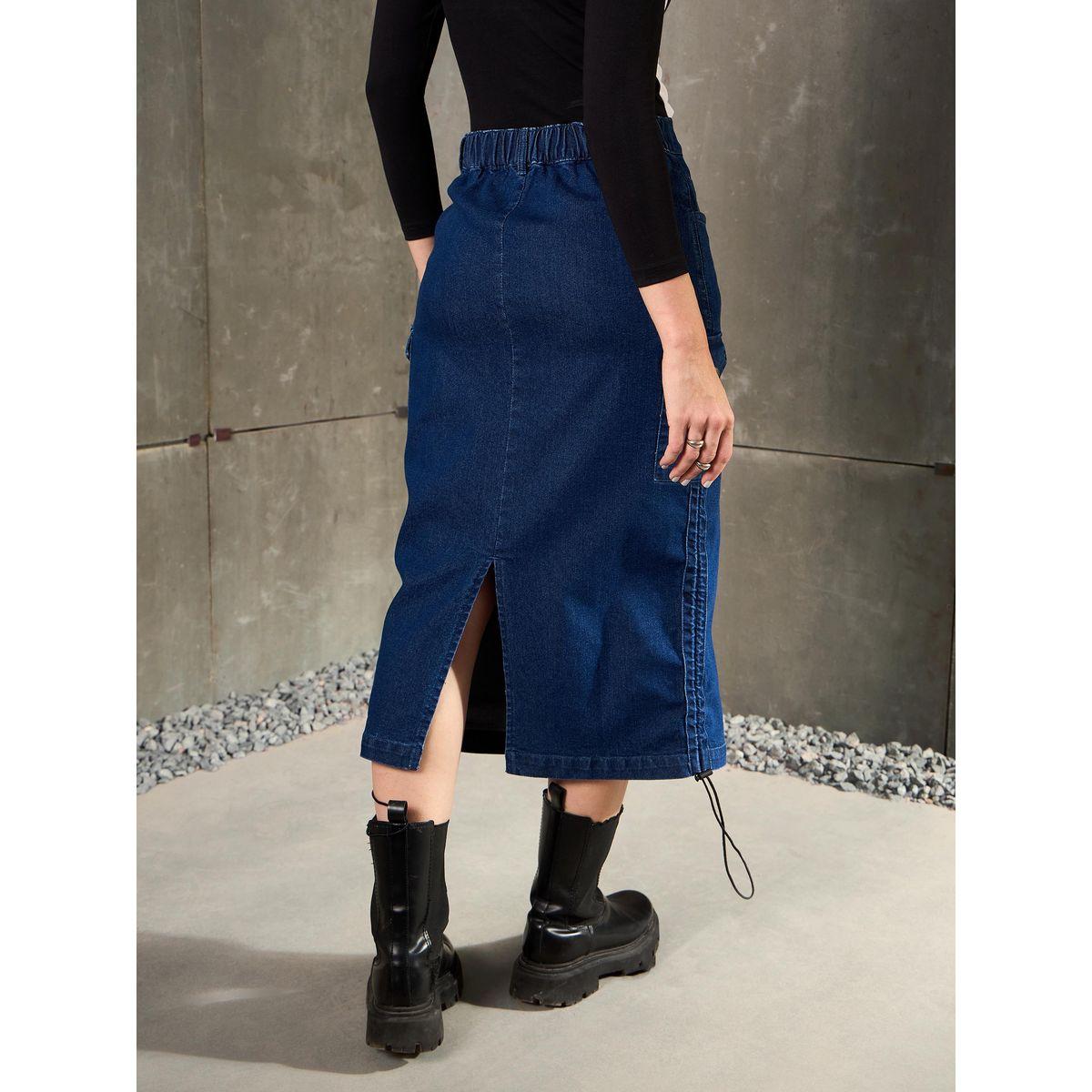 Sassafras Women Blue Side Ruching Detail Denim Pencil Skirt-women-clothing-bottoms-skirts-image-5