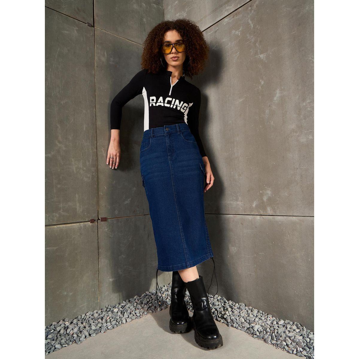 Sassafras Women Blue Side Ruching Detail Denim Pencil Skirt-women-clothing-bottoms-skirts-image-6