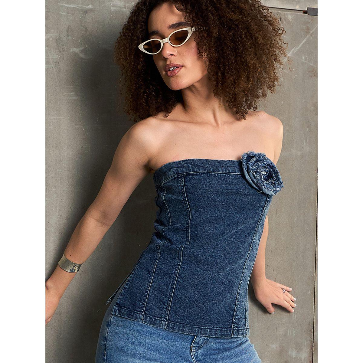 بلوزة بنسيج دنيم بدون أكتاف مع تفاصيل زهرة-women-clothing-shirtsandblouses-blouses-image-1