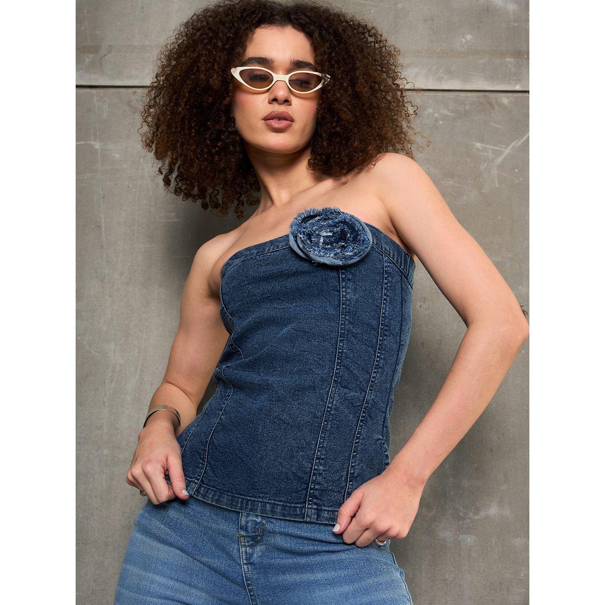 Sassafras Acid Wash Denim Bandeau Top with Flower Corsage Detail-women-clothing-shirtsandblouses-blouses-image-2