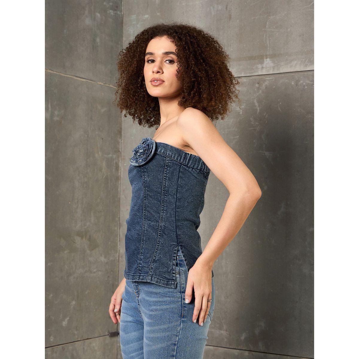 بلوزة بنسيج دنيم بدون أكتاف مع تفاصيل زهرة-women-clothing-shirtsandblouses-blouses-image-3
